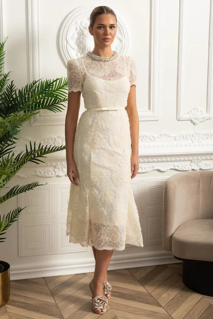 Vestido Longo – Luxo, Bordado em Renda, Detalhes com Diamantes e Cristais, Manga Curta Transparente, Modelo Midi