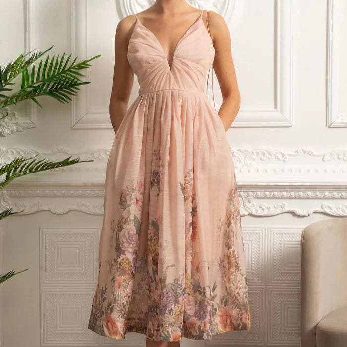 Vestido Midi Estampa de Flores Rosa e Decote V Profundo – Alta Qualidade
