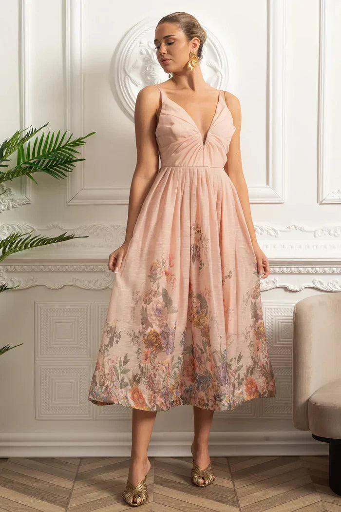 Vestido Midi Estampa de Flores Rosa e Decote V Profundo – Alta Qualidade