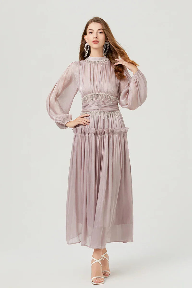 Vestido de Verão SEDA – Luxo Francês, Franjas, Pregas e cristais