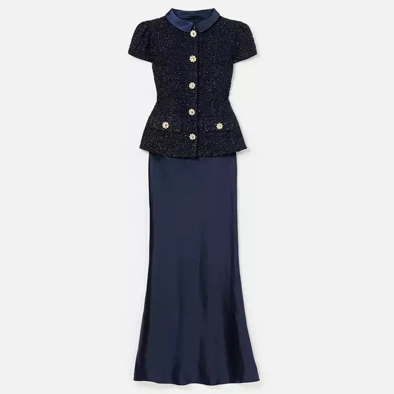 Vestido Longo – Maxi Luxo, Cristal e Cetim Tweed, Azul