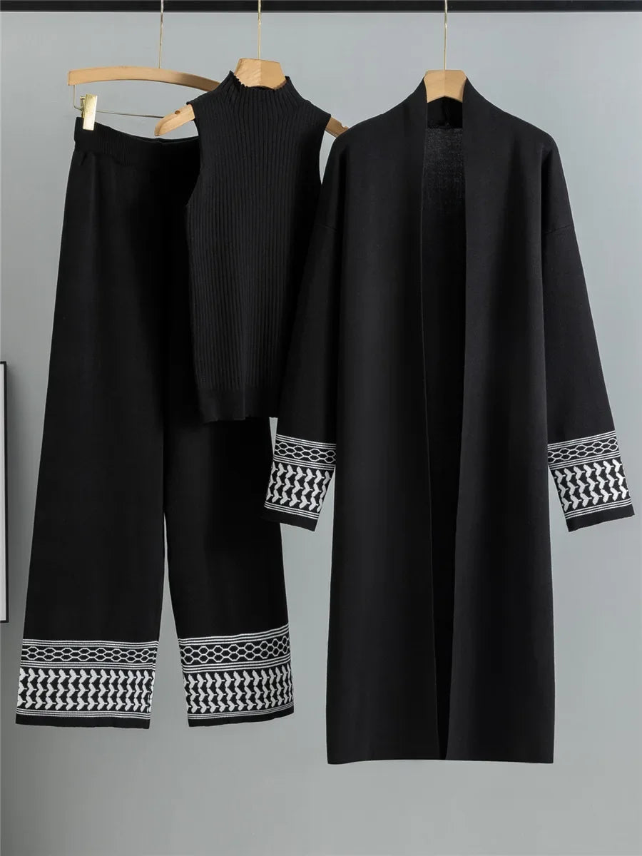 Conjunto Feminino 3 Peças de Tricô – Colete, Cardigan Longo e Calça Pantalona
