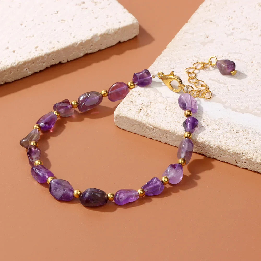 Pulseiras Pedras Naturais (Quartzo Rosa, Ágata) com Corrente Dourada, Estilo Bangle