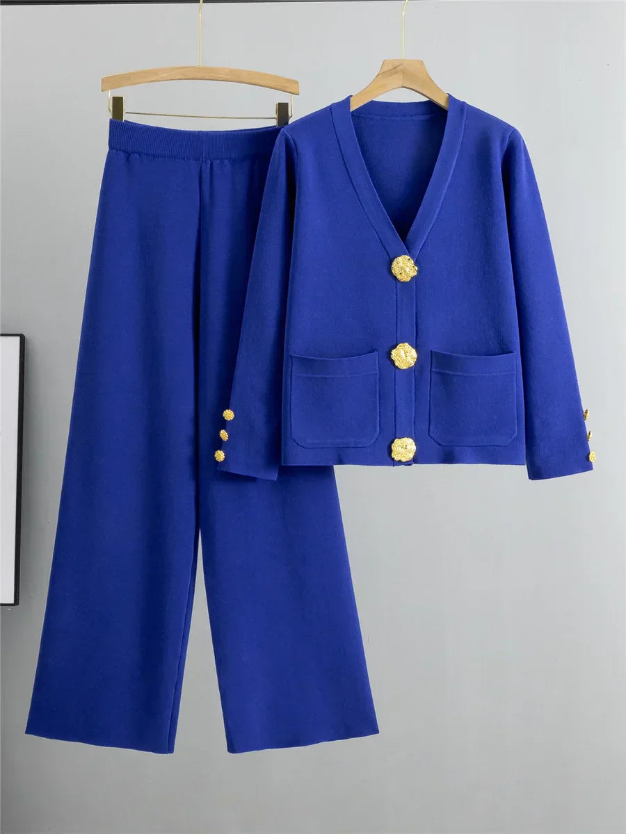 Conjunto Feminino Elegante em Tricô – Cardigan de Botões e Calça de Cintura Alta com Perna Larga