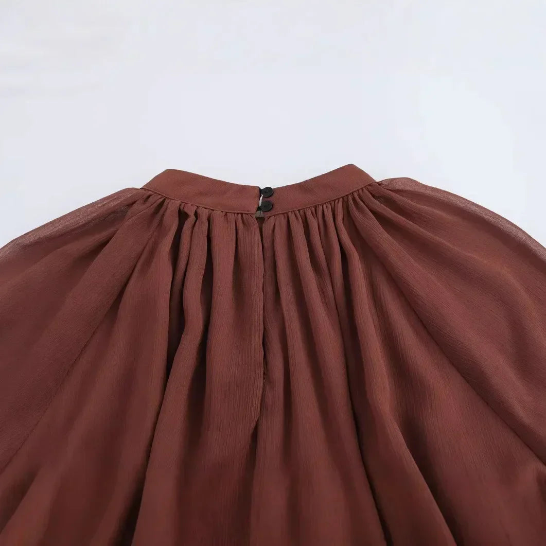 Vestido Elegante com Babados – Manga Longa, Alças Ajustáveis e Bainha Irregular