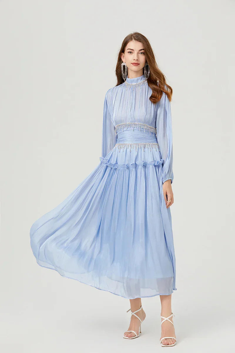 Vestido de Verão SEDA – Luxo Francês, Franjas, Pregas e cristais