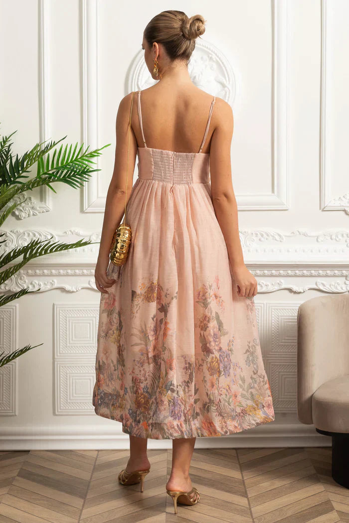 Vestido Midi Estampa de Flores Rosa e Decote V Profundo – Alta Qualidade