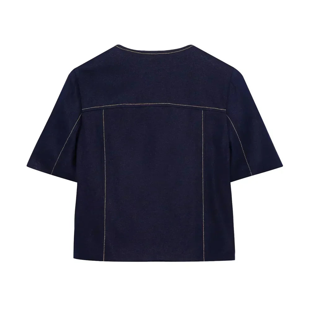 Conjunto Feminino – Blazer Curto com Botões Decorativos e Calça Reta Casual |