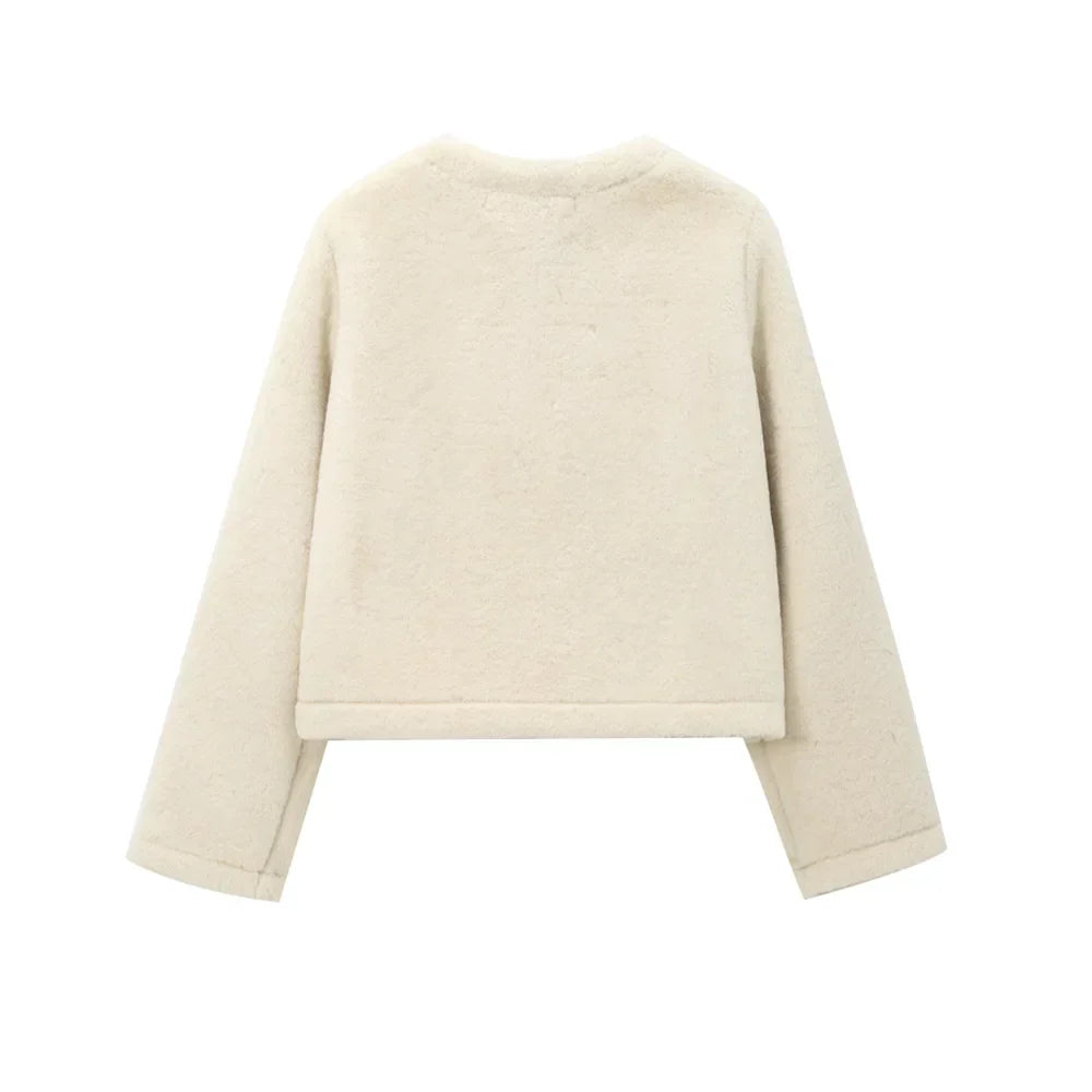 Casaco Feminino de Pelúcia Grossa com Fecho Frontal e Mangas Longas