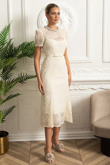 Vestido Longo – Luxo, Bordado em Renda, Detalhes com Diamantes e Cristais, Manga Curta Transparente, Modelo Midi