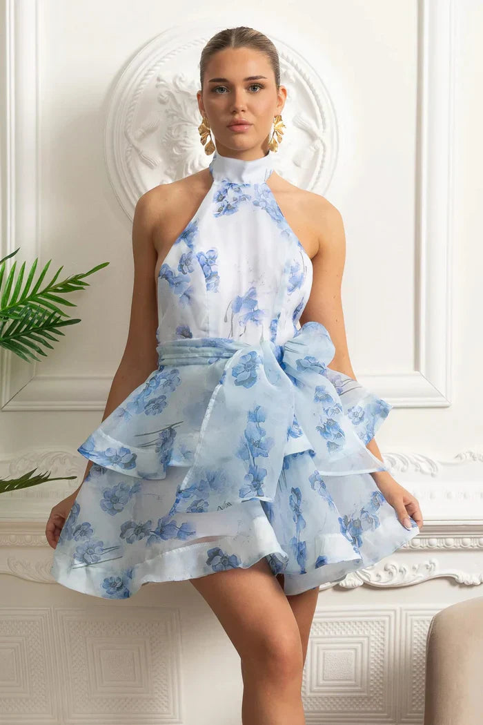 Vestido – Estilo Elegante, Estampa Floral, Decote Halter, Costas Abertas, Modelagem Justa, Saia em Camadas, Mini Vestido para Festa ou Praia