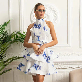 Conjunto – Top Estampado Sem Mangas  + Saia Curta Plissada de Cintura Alta