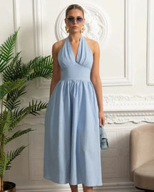 Vestido Longo em Algodão – Decote V, Alças Finas e Cintura Marcada – Estilo Oversized