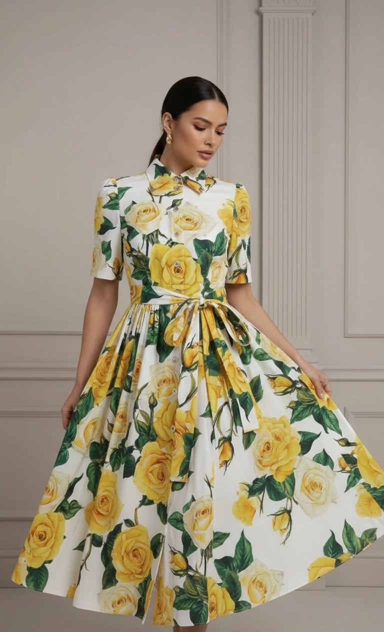 Vestido Verão com Cinto – Estampa Rosa-Amarela, Manga Curta, Comprimento Midi