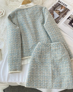 ConjuntoTweed Xadrez – Blazer Manga Longa + Saia A-Line Assimétrica