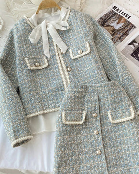 ConjuntoTweed Xadrez – Blazer Manga Longa + Saia A-Line Assimétrica