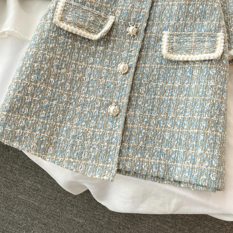 ConjuntoTweed Xadrez – Blazer Manga Longa + Saia A-Line Assimétrica