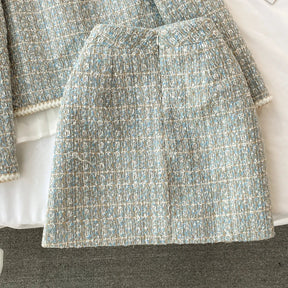 ConjuntoTweed Xadrez – Blazer Manga Longa + Saia A-Line Assimétrica