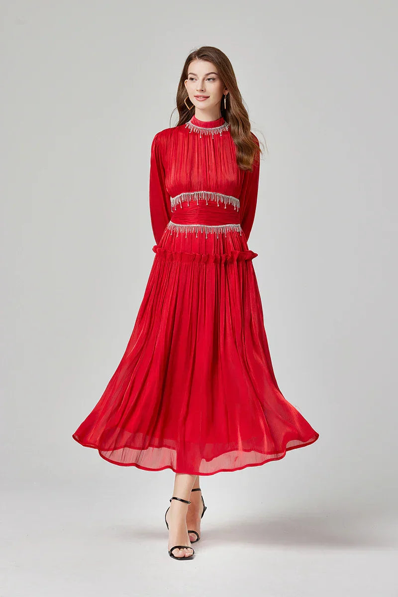 Vestido de Verão SEDA – Luxo Francês, Franjas, Pregas e cristais