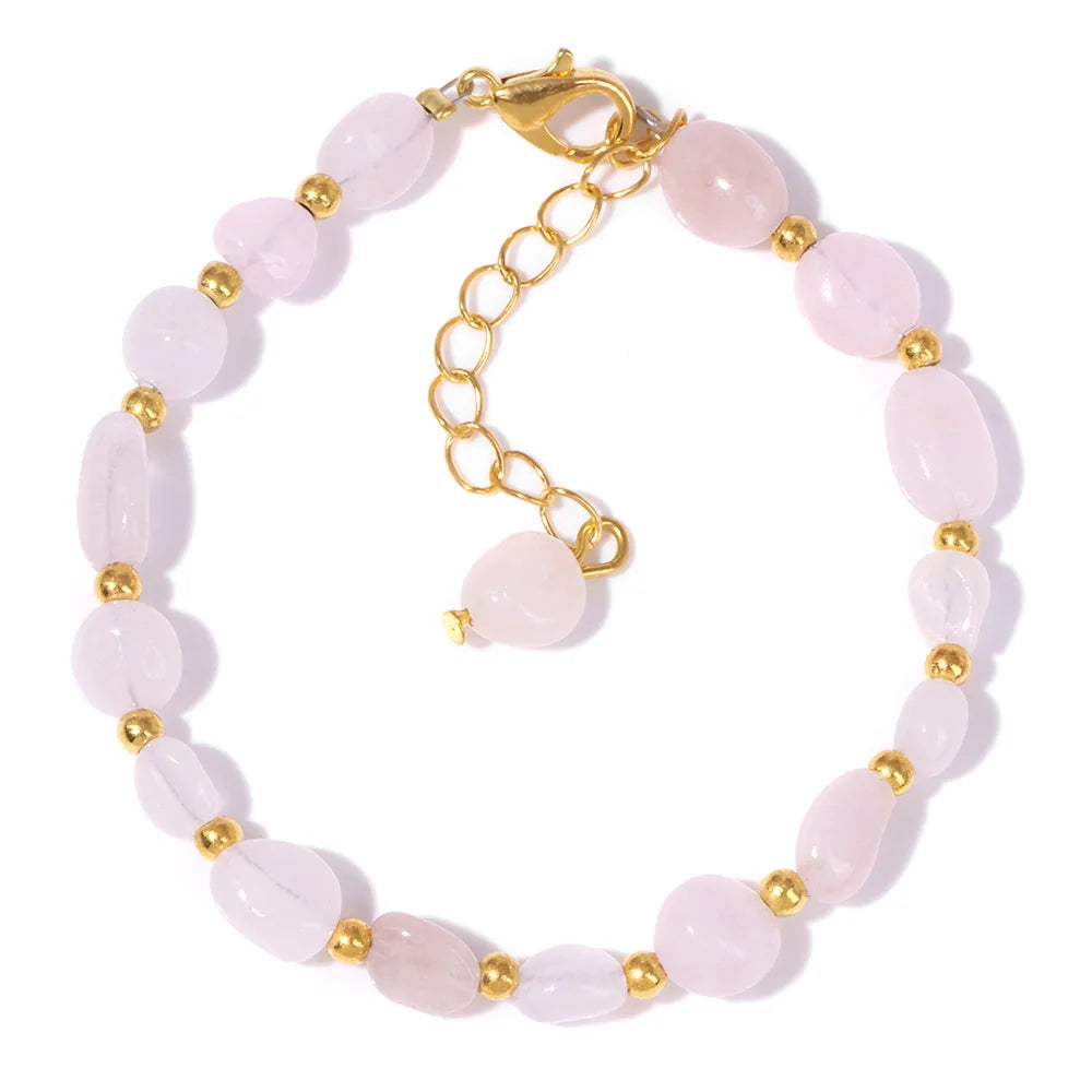 Pulseiras Pedras Naturais (Quartzo Rosa, Ágata) com Corrente Dourada, Estilo Bangle