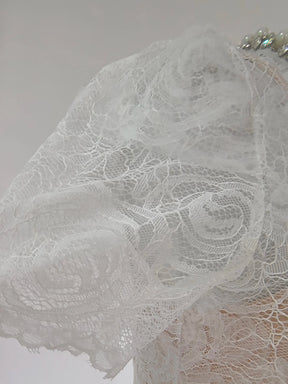 Vestido Longo – Luxo, Bordado em Renda, Detalhes com Diamantes e Cristais, Manga Curta Transparente, Modelo Midi