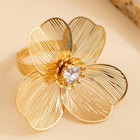 Anel Elegante de Folha de Ginkgo e Flor - Anel Retro Dourado para Dedos