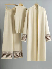 Conjunto Feminino 3 Peças de Tricô – Colete, Cardigan Longo e Calça Pantalona