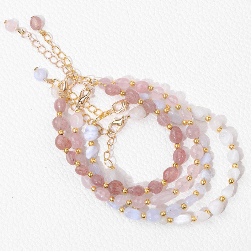 Pulseiras Pedras Naturais (Quartzo Rosa, Ágata) com Corrente Dourada, Estilo Bangle