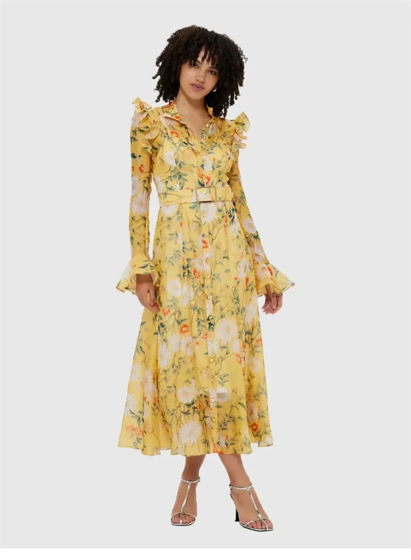 Vestido Longo Floral com Manga Flare – Elegância Atemporal