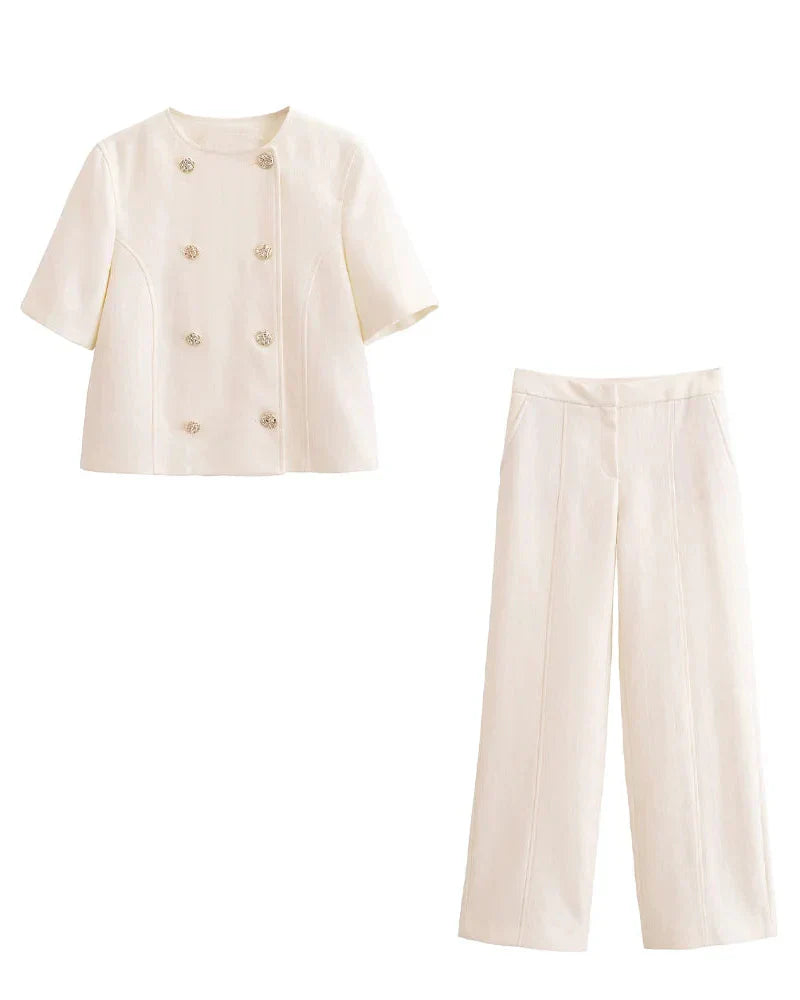 Conjunto Feminino Elegância Clássica – Blazer Transpassado com Botões Duplos e Calça de Cintura Alta