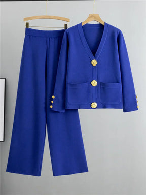 Conjunto Feminino Elegante em Tricô – Cardigan de Botões e Calça de Cintura Alta com Perna Larga