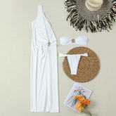 Conjunto de Biquíni 3 Peças Detalhe Dourado – Biquíni Bandeau com Vestido Longo como Saída de Praia