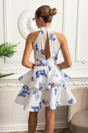 Conjunto – Top Estampado Sem Mangas  + Saia Curta Plissada de Cintura Alta