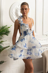 Vestido – Estilo Elegante, Decote V, Alças Finas, Sem Manga, Costas Abertas com Amarração, Estampa Moderna