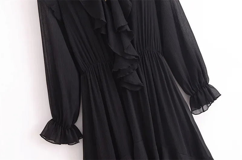 Vestido Elegante com Decote V – Babados, Manga Longa Lanterna e Detalhe em Renda com Laço