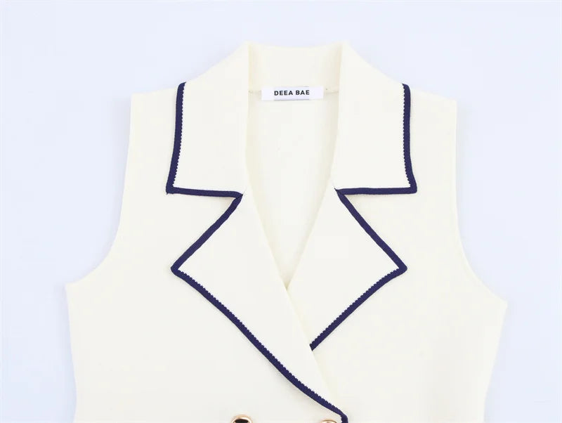 Colete  de Tricô Sem Mangas – Branco com Detalhe, Estilo Casual Chic