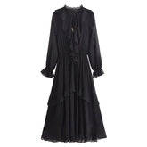 Vestido Elegante com Decote V – Babados, Manga Longa Lanterna e Detalhe em Renda com Laço