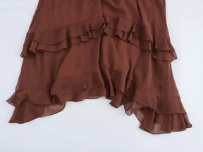 Vestido Elegante com Babados – Manga Longa, Alças Ajustáveis e Bainha Irregular