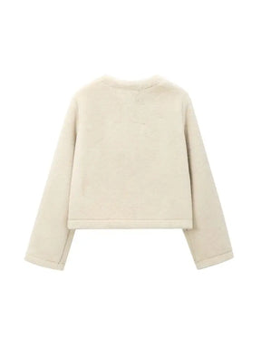 Casaco Feminino de Pelúcia Grossa com Fecho Frontal e Mangas Longas