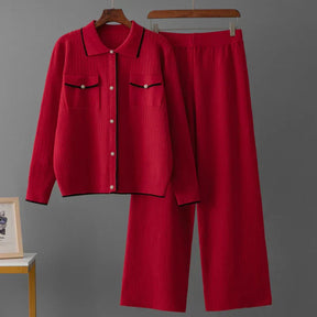 Conjunto Feminino - Estilo Francês em Tricô com Gola Polo e Calça Longa